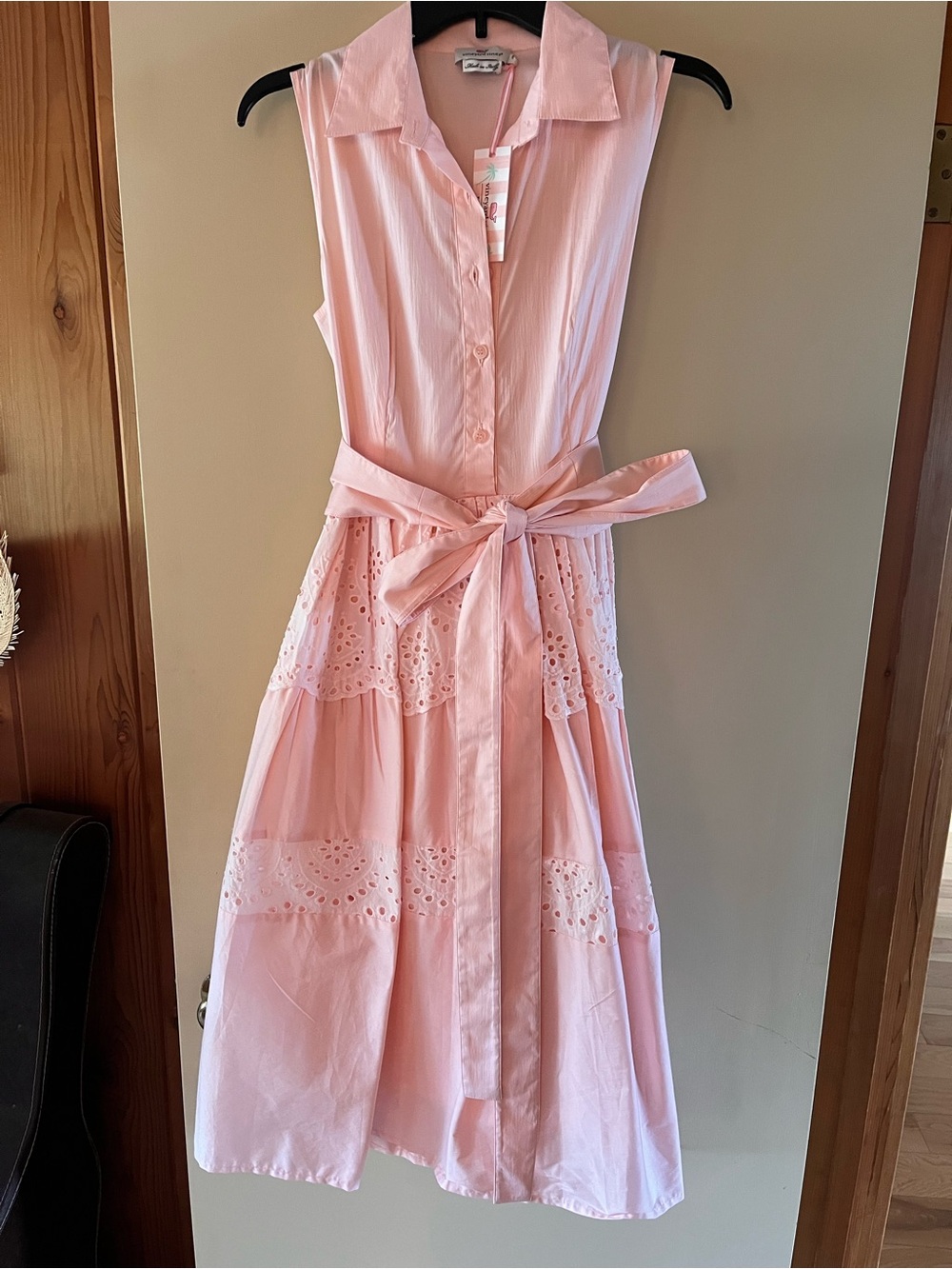 Vineyard Vines x Palm Beach Lately Tiered Eyelet Shirt Dress in Pink